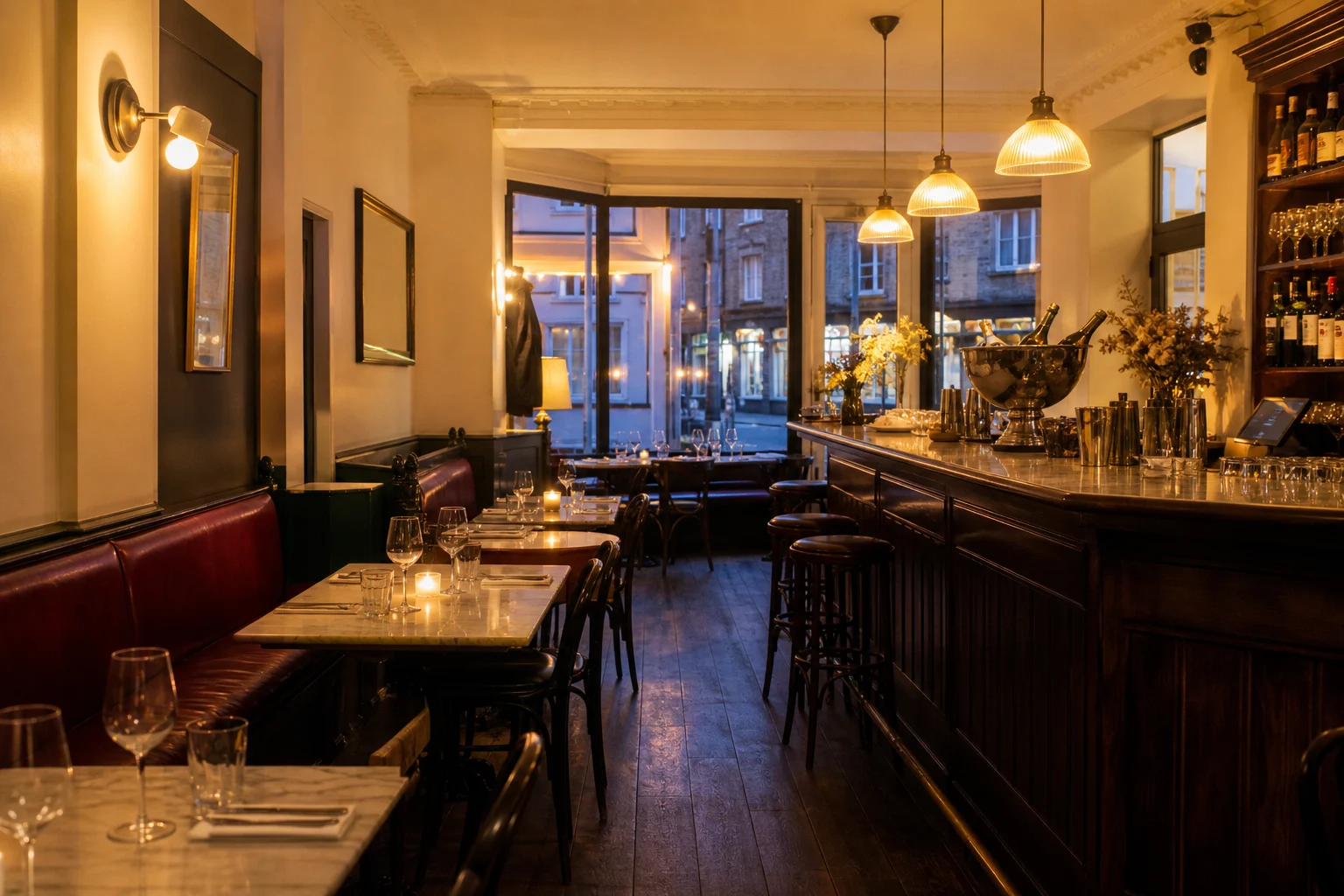 Warm beleuchteter Restaurant- und Barbereich am Abend