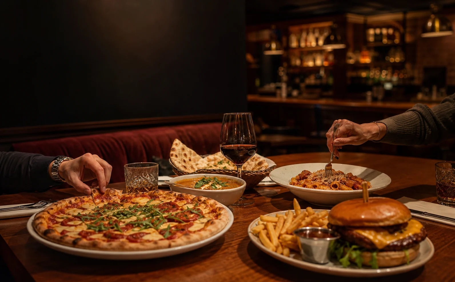 Abendtisch mit Pizza, Pasta, Curry und Burger